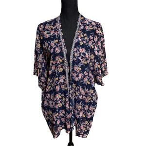 Iner Open Front Navy Blue Floral Semi Sheer Kimono Kaftan Women's XL